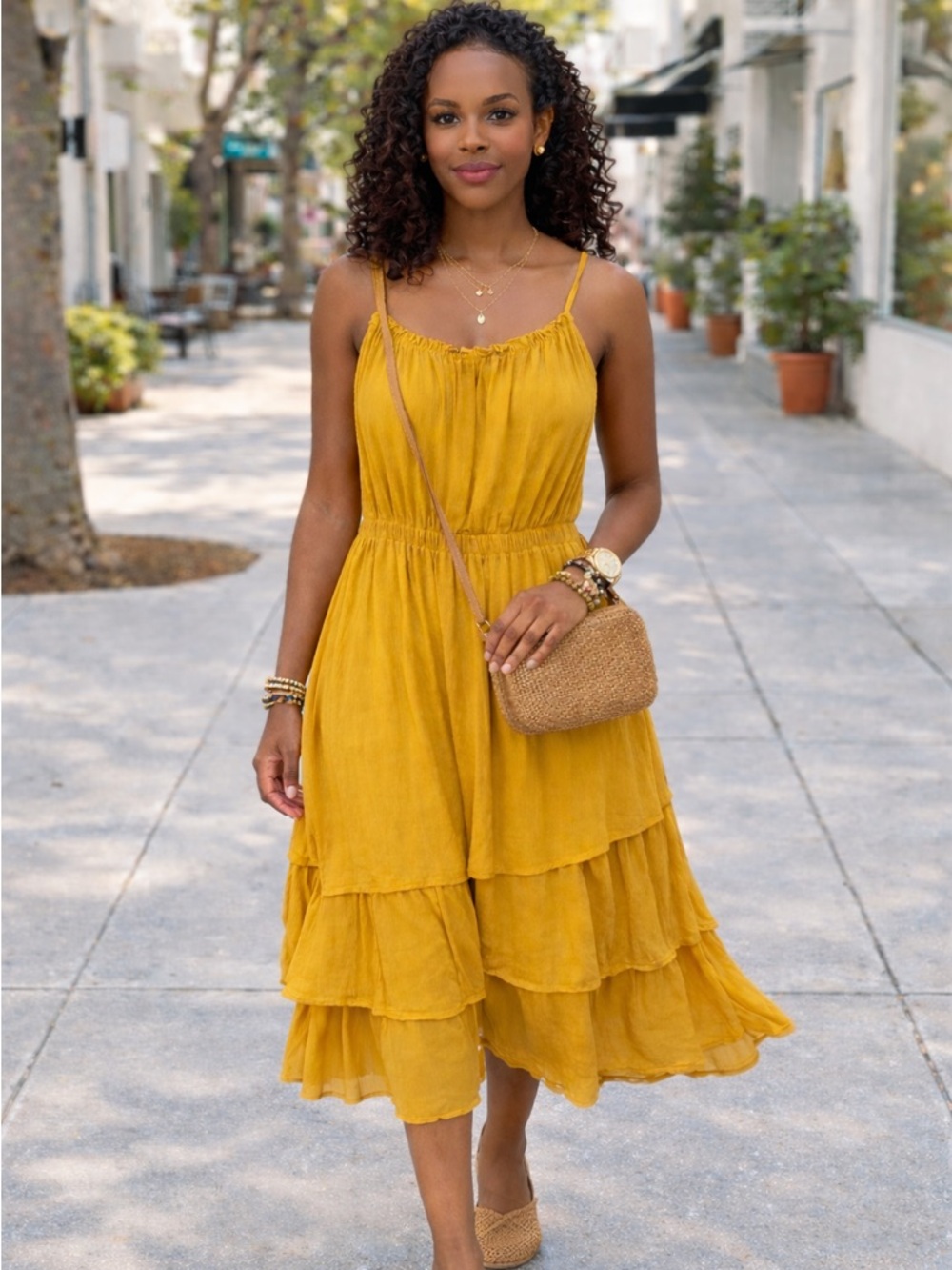 Evereve Yellow Tiered Midi Dress Elastic Waist Sleeveless Size Small